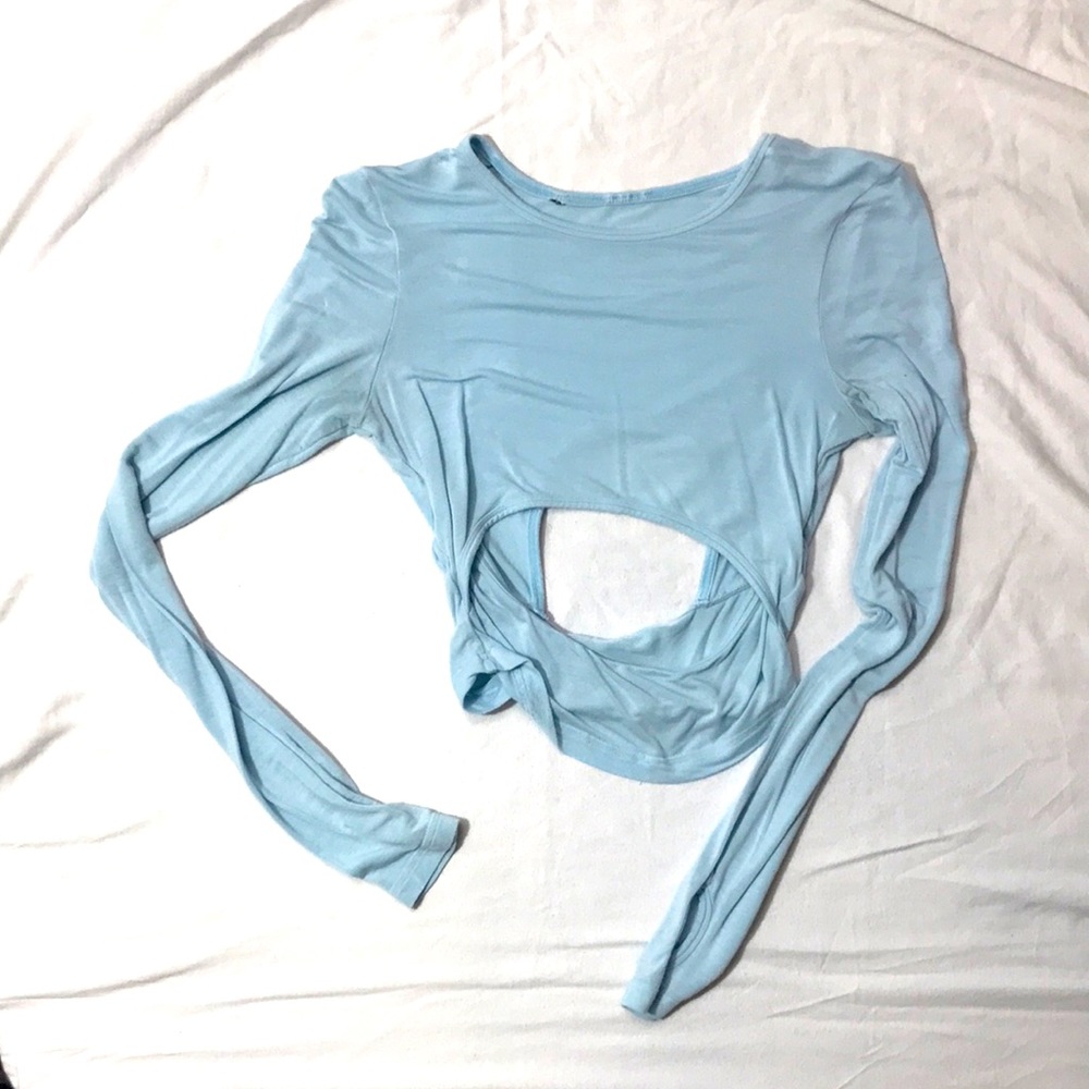 GYMSHARK gym shirt. Size small. Baby blue. Open belly and back.
